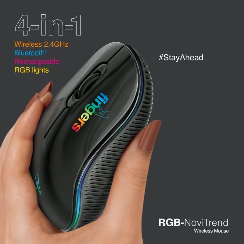 FINGERS RGB-NoviTrend Wireless Mouse (4-in-1 - Wireless with USB Receiver + Bluetooth + Rechargeable + RGB Lights | Advanced Optical Technology)