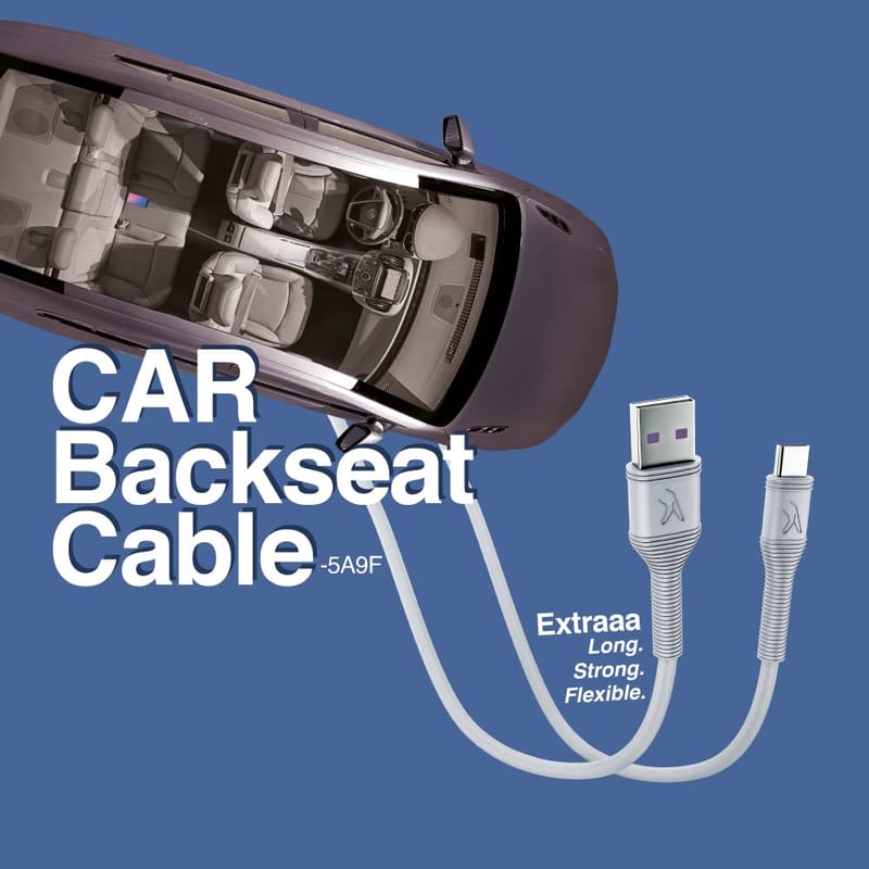 FINGERS Car Backseat Cable-5A9F - Type-C Mobile Cable (9 feet long | Fast Charging up to 5.0 A Max | Fast Data Transfer) - Steel Grey