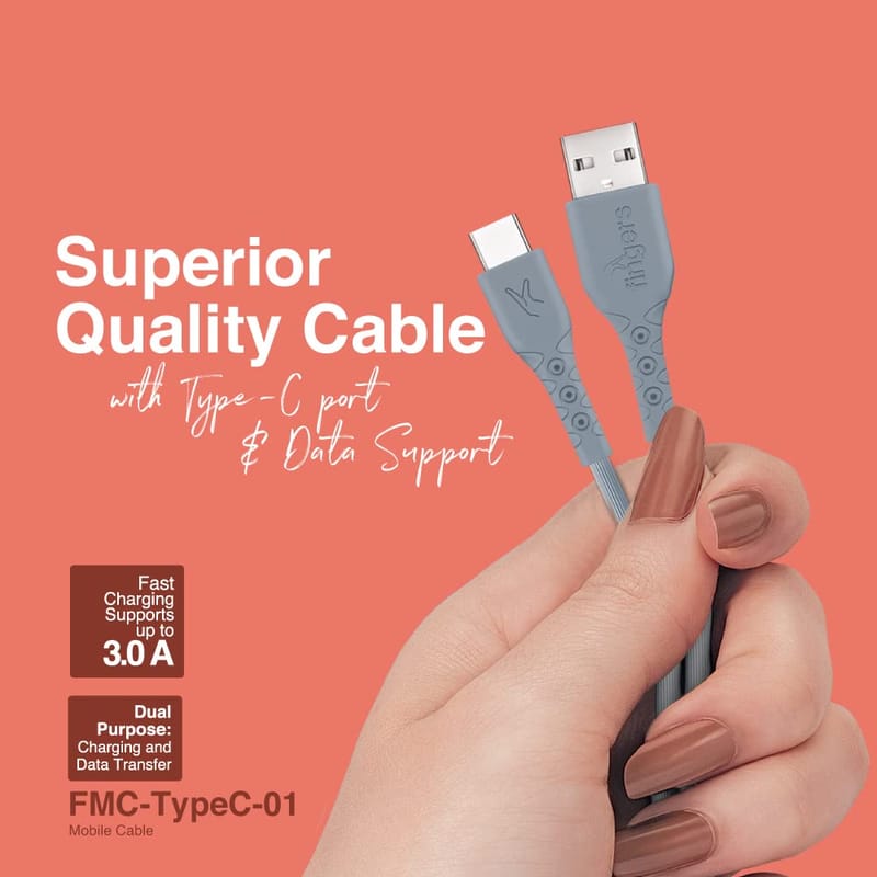 FINGERS FMC-TypeC-01 Mobile Cable with Fast Charging (up to 3.0 A) and Data Transfer - Steel Grey