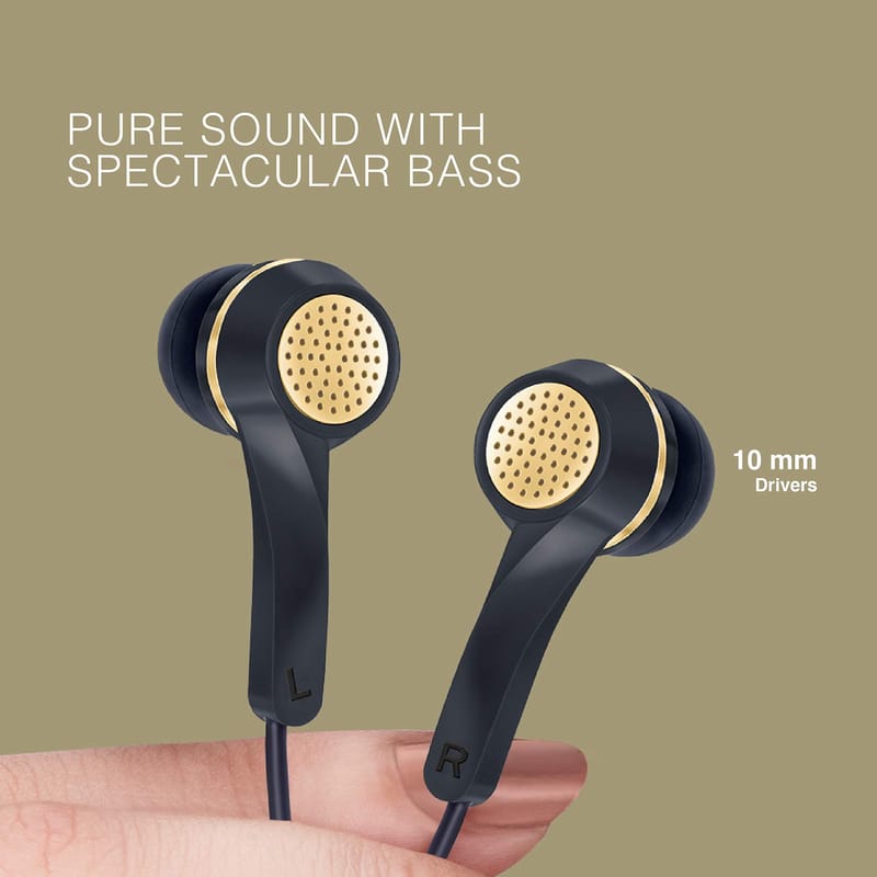 FINGERS SoundGlitz Wired Earphones (Pure Sound with High Bass | Sturdy Cable with L-Pin Connector | Built-in Mic | Free Carry Case)- Ink Black + Gold