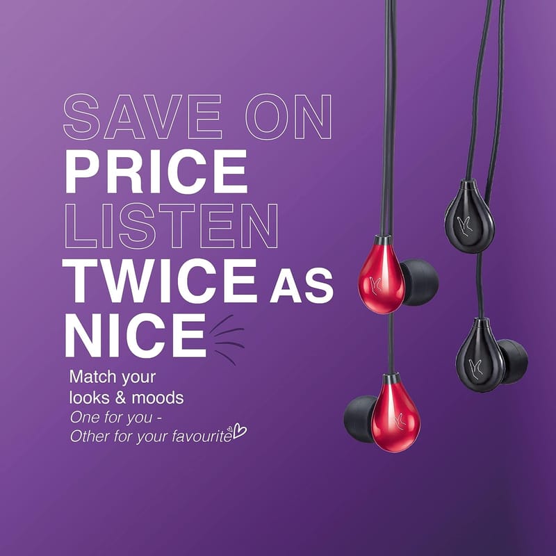 FINGERS Droplets Wired in Ear Earphones with in Built Mic (Pack of 2, Piano Black + Piano Red)