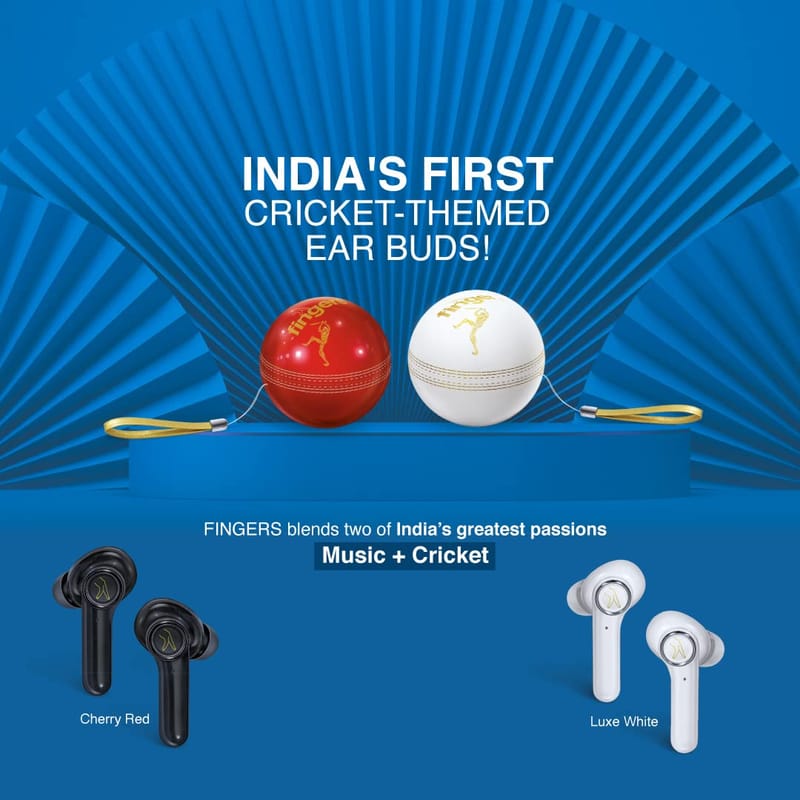 FINGERS Yorker Bluetooth Truly Wireless in Ear Earbuds with Mic (Cricket Themed | Snc Technology | 17.5 Hrs Power Playback | Fast Charging Type-C | Sweat Proof | Voice Assistant Support, Cherry Red)