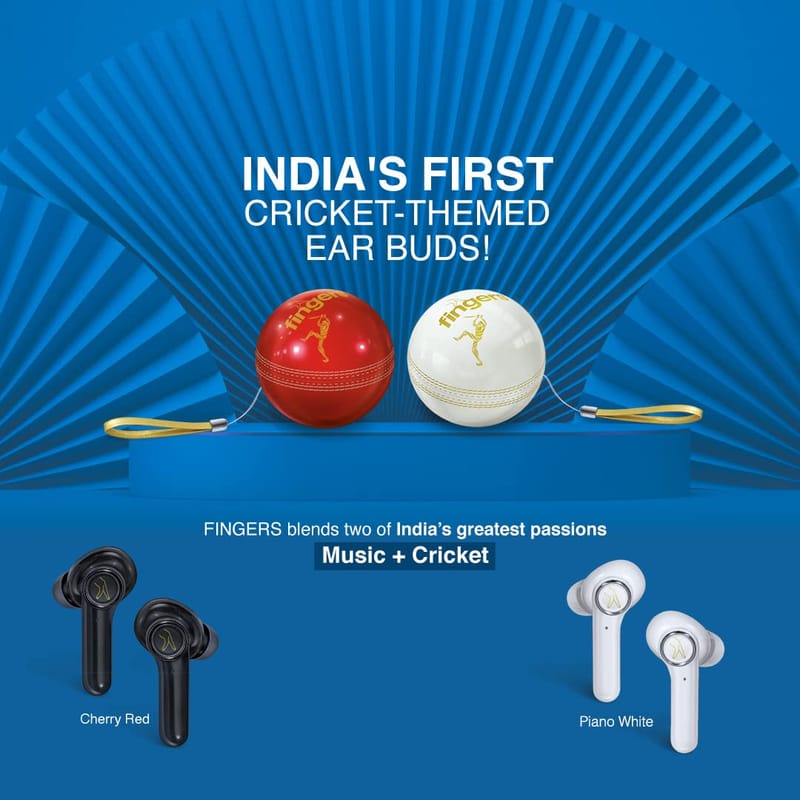 FINGERS Yorker Bluetooth Truly Wireless in Ear Earbuds with Mic (Cricket Themed | Snc Technology | 17.5 Hrs Power Playback | Fast Charging Type-C | Sweat Proof | Voice Assistant Support, Piano White)