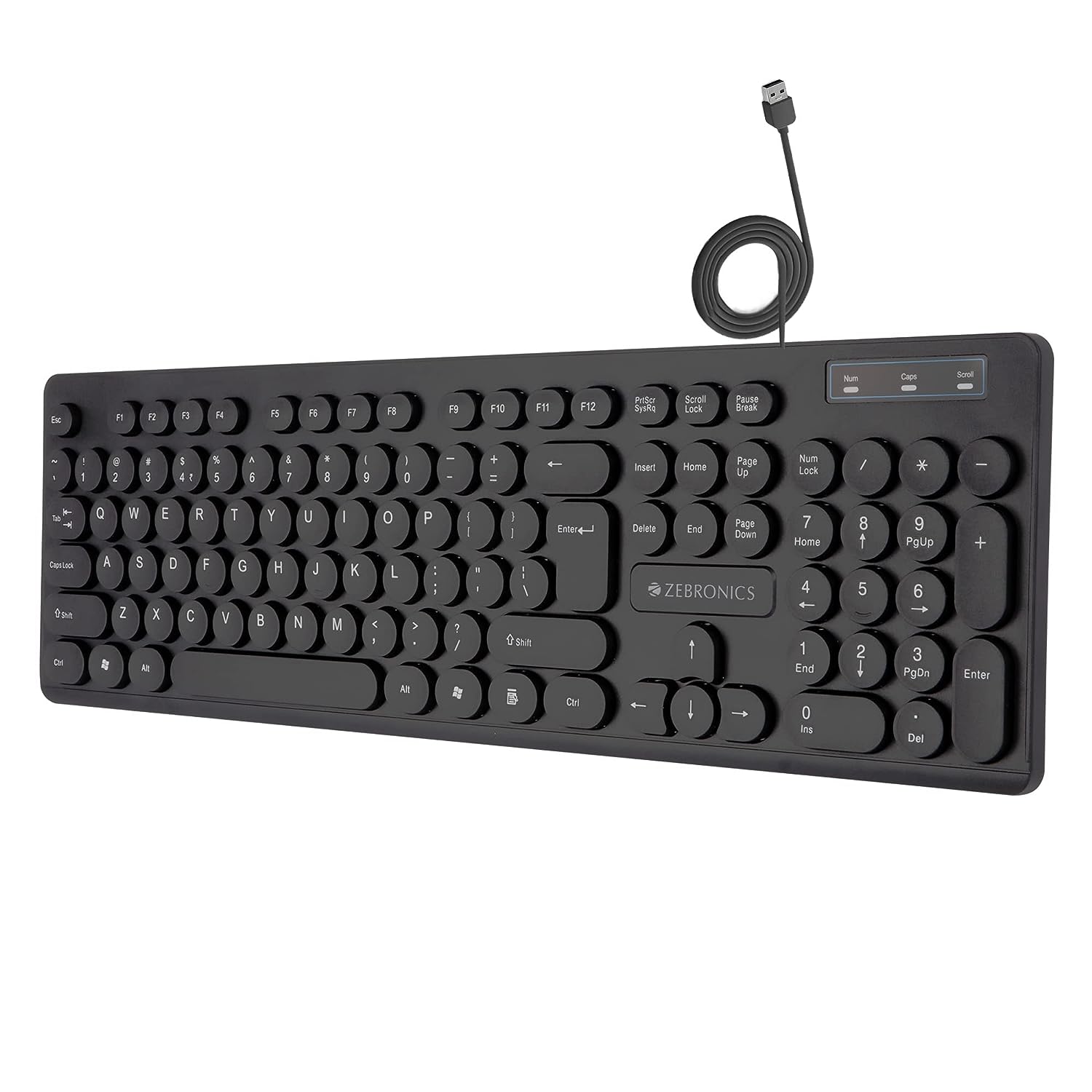 ZEBRONICS K24 USB Keyboard with Long Life 8 Million Keystrokes, Silent & Comfortable Use, Slim Design, Retractable Stand, 1.5 Meter Textured Cable, Chiclet Keys and Uv Coated Keycaps