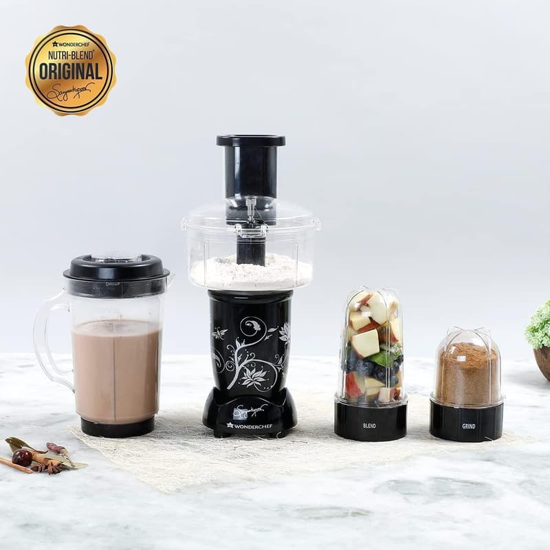 Wonderchef Nutri-blend Compact Food Processor with Atta Kneader, 400W, 22000 RPM Mixer-Grinder, Blender, Chopper, Juicer, SS Blades, 4 Unbreakable Jars, Black, E-Recipe Book By Chef Sanjeev Kapoor