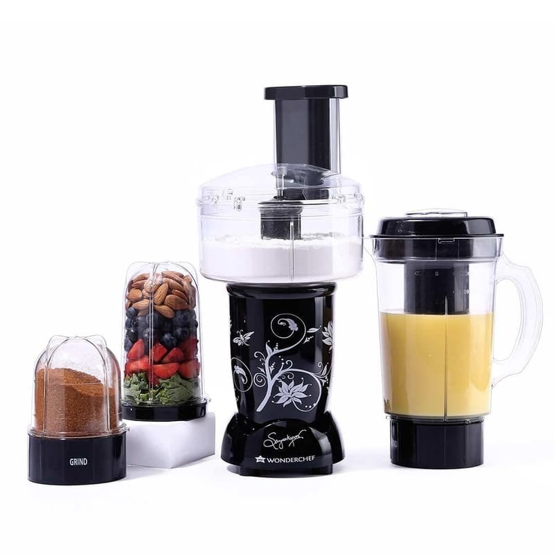 Wonderchef Nutri-blend Compact Food Processor with Atta Kneader, 400W, 22000 RPM Mixer-Grinder, Blender, Chopper, Juicer, SS Blades, 4 Unbreakable Jars, Black, E-Recipe Book By Chef Sanjeev Kapoor