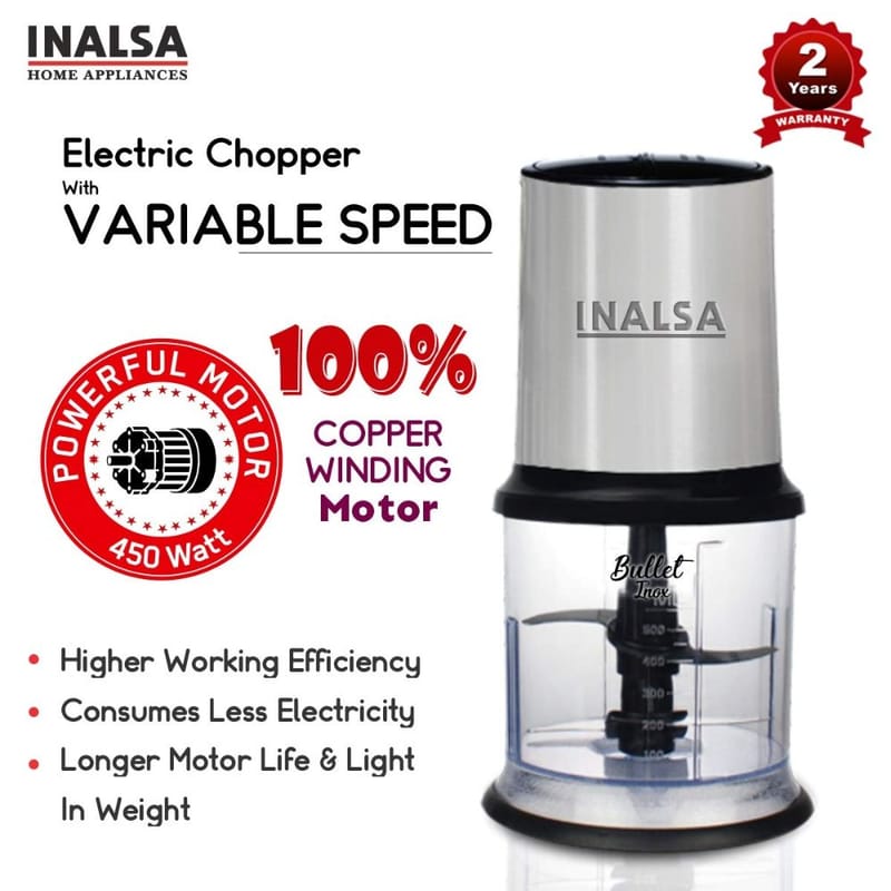 Inalsa Chopper Bullet Inox - 450 Watts with Variable Speed and Pure Copper Motor, Dual Layered Blade, 900ml Capacity (Black/Silver)