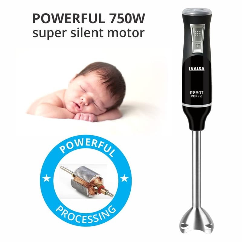 Inalsa Hand Blender Robot Inox 750S with Powerful Super Silent 750Watt Motor| Variable Speed and Turbo Function| Stainless Steel Blade, Detachable Stem, (Black/Silver)