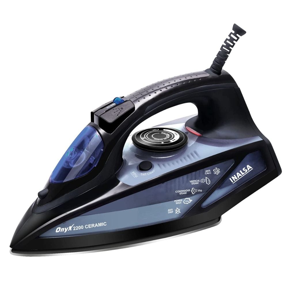 Inalsa Steam Iron Onyx 2200 with Power Indicator Light | 360 degree Swivel Cord | Ceramic Coated Sole Plate | Anti-Drip Function and Anti-Calc |2200 W, (Black/Blue) (2021)