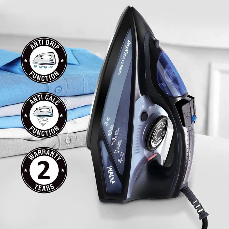 Inalsa Steam Iron Onyx 2200 with Power Indicator Light | 360 degree Swivel Cord | Ceramic Coated Sole Plate | Anti-Drip Function and Anti-Calc |2200 W, (Black/Blue) (2021)