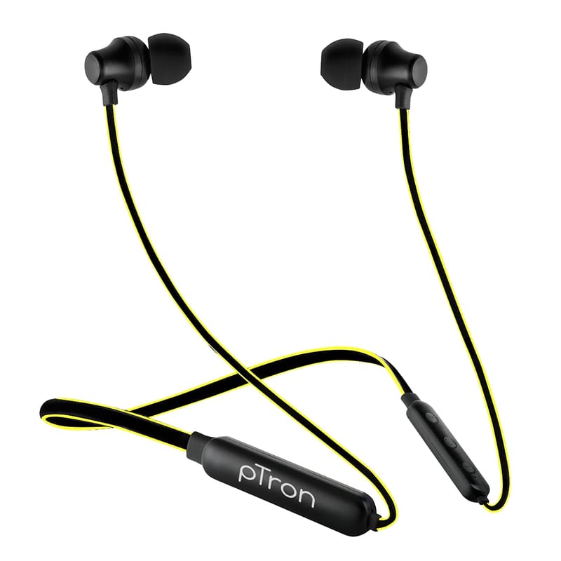 Ptron Tangent Lite Bluetooth 5.0 Wireless Headphones with Hi-Fi Stereo Sound, 8Hrs Playtime, Lightweight Ergonomic Neckband, Sweat-Resistant Magnetic Earbuds, Voice Assistant & Mic - (Black & Yellow)