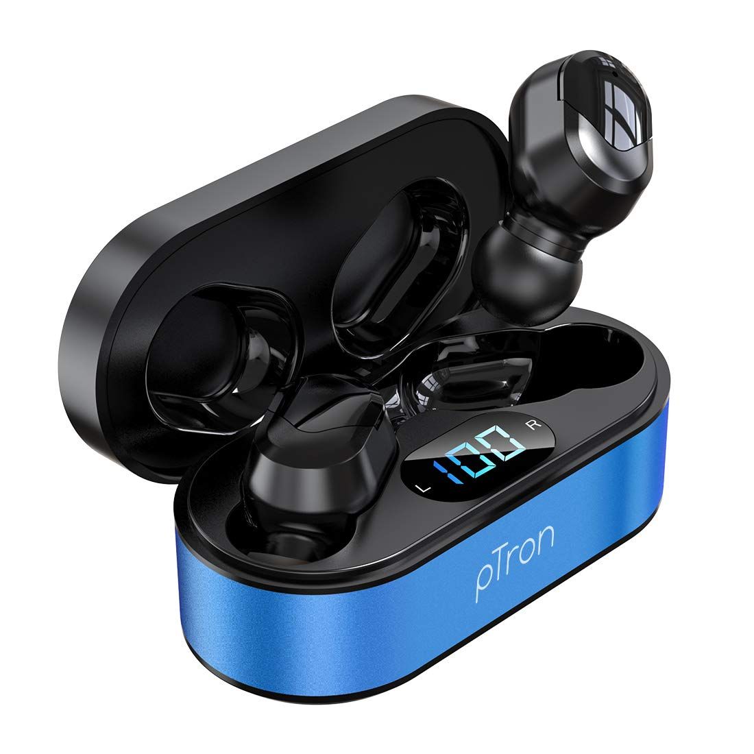 Ptron Bassbuds Plus True Wireless Bluetooth 5.0 in Ear Earbuds with, Deep Bass, IPX4 Water/Sweat Resistant, Passive Noise Canceling, Up to 8Hrs Battery, Digital Display & with Mic (Blue & Black)