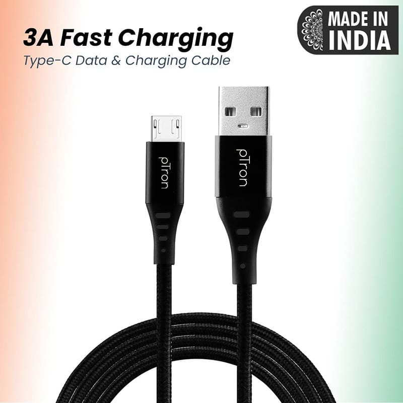 Ptron Solero TB301 3A Type-C Data & Fast Charging Cable, Made in India, 480Mbps Data Sync, Strong & Durable 1.5-Meter Nylon Braided USB Cable for Type-C Devices (Black)