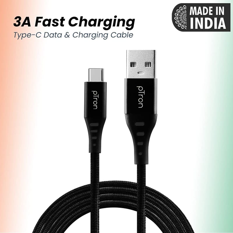 Ptron Solero TB301 3A Type-C Data and Fast Charging Cable, Made in India, 480Mbps Data Sync, Strong and Durable 1.5-Meter Nylon Braided USB Cable for Type-C Devices for Charging Adapter (Black)