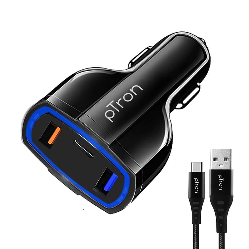 Ptron Bullet Pro 36W PD Quick Charger with 3A Type-C 1.5 Meter Nylon Braided USB Cable, 3 Port Fast Car Charger Adapter - Compatible with All Smartphones & Tablets (Black)