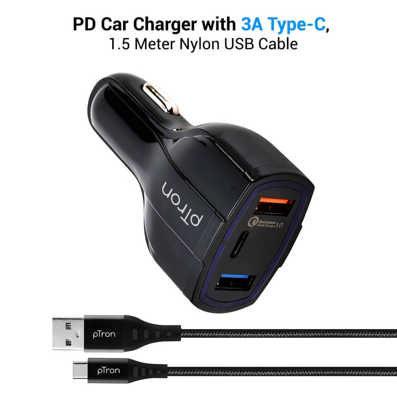 Ptron Bullet Pro 36W PD Quick Charger with 3A Type-C 1.5 Meter Nylon Braided USB Cable, 3 Port Fast Car Charger Adapter - Compatible with All Smartphones & Tablets (Black)