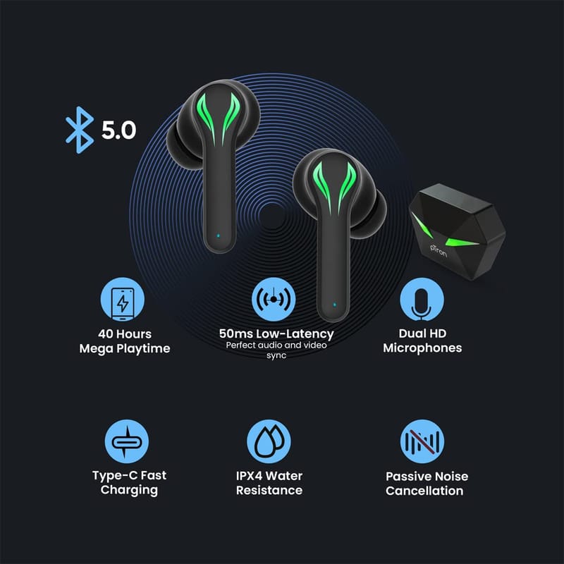 Ptron Bassbuds Jade Truly Wireless in Ear Earbuds with 40ms Gaming Low Latency, HD Stereo Calls, 40Hrs Playtime, 1-Step Pairing Bluetooth Headphone, Fast TypeC Charging & IPX4 Waterproof (Black)