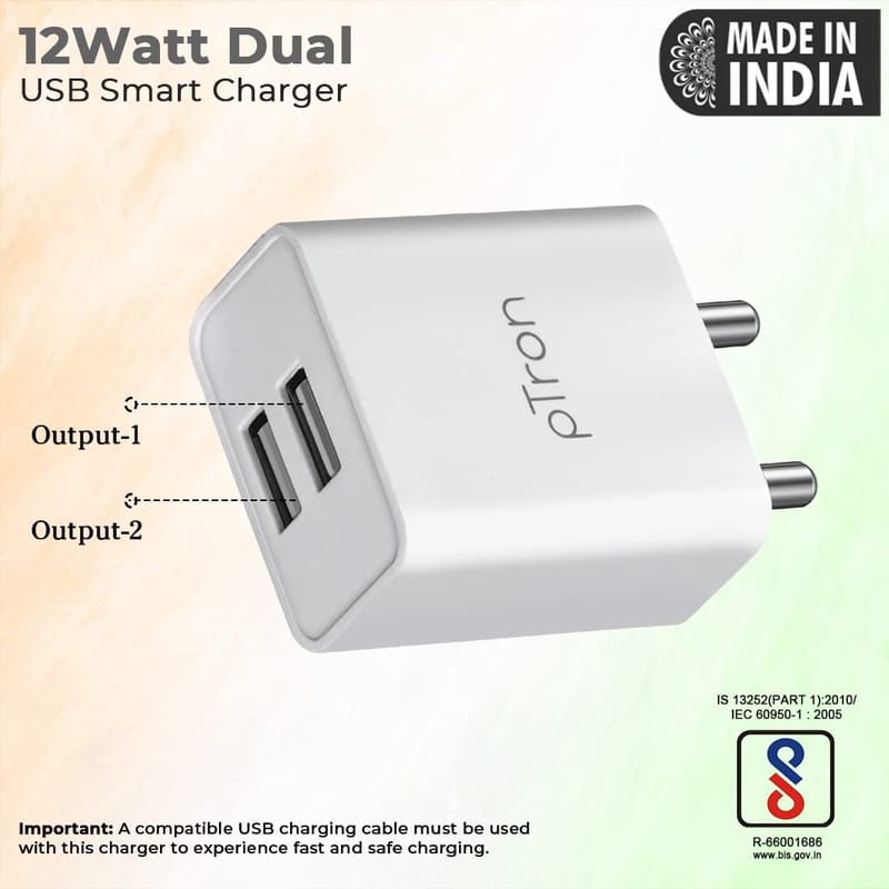 Ptron Volta Dual Port 12W Smart USB Charger Adapter, Multi-Layer Protection, Made in India, BIS Certified, Fast Charging Power Adaptor without Cable for All iOS & Android Devices (White)