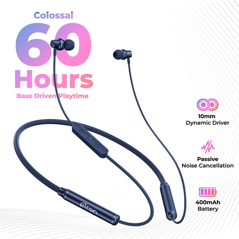 Ptron Tangent Urban, 60Hrs Playtime, ENC, Bluetooth 5.3 Earphones, Low Latency Gaming, Punchy Bass, in-Ear Wireless Headphones with Mic, Type-C Fast Charging Neckband, IPX4 & Voice Assistance (Blue)