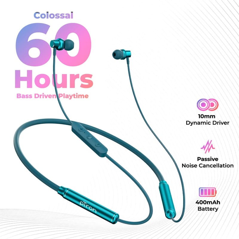 Ptron Tangent Urban with 60Hrs Playtime, ENC Wireless Bluetooth 5.3 Headphones, Low Latency Gaming, Punchy Bass, in-Ear Wireless Earphones with Mic, Type-C Charging, IPX4 & Voice Assistance (Green)