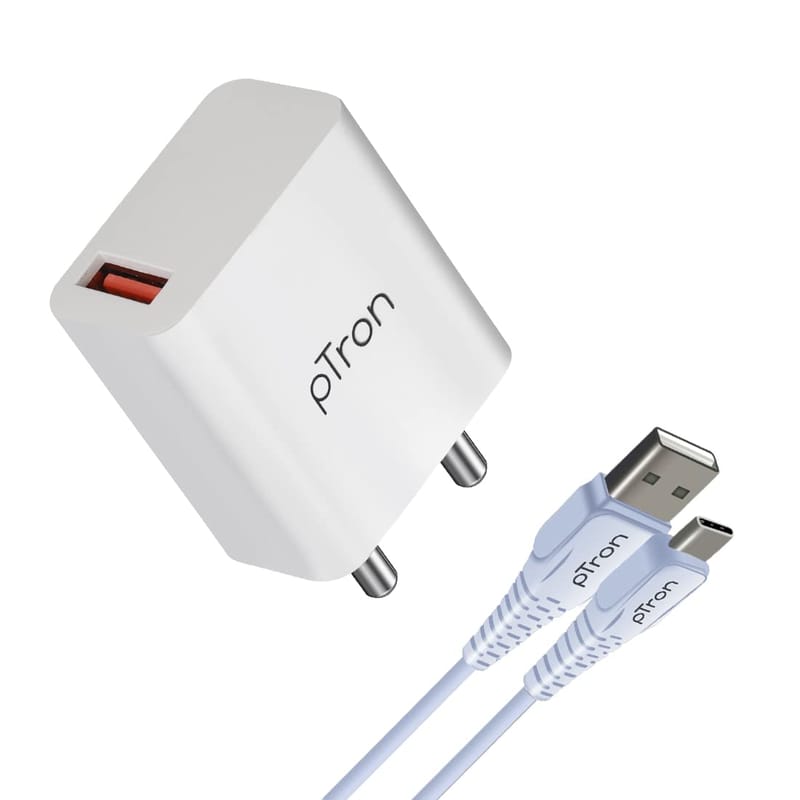 Ptron Volta FC12 20W QC3.0 Smart USB Charger with Type-C 1M USB Cable, Auto-detect Technology, Multi-Layer Protection, Fast Charging Adaptor for Tablets, Cellular Phones (White)