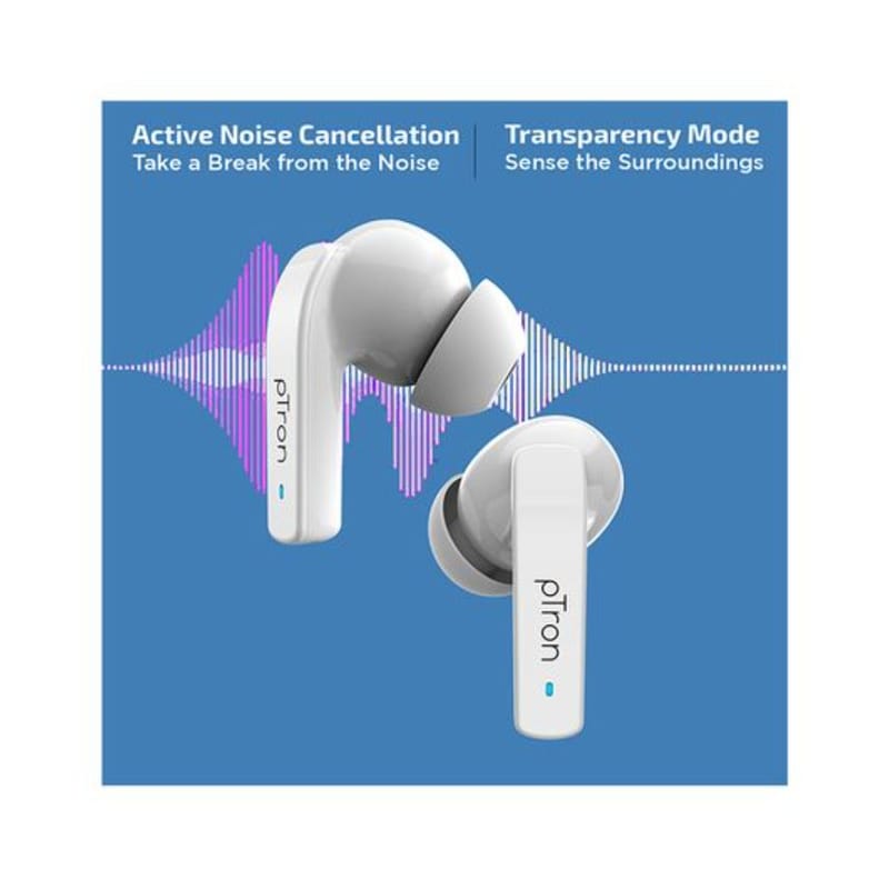 Ptron Basspods 992 Active Noise Cancelling ANC Bluetooth 5.0 Wireless Headphones - White