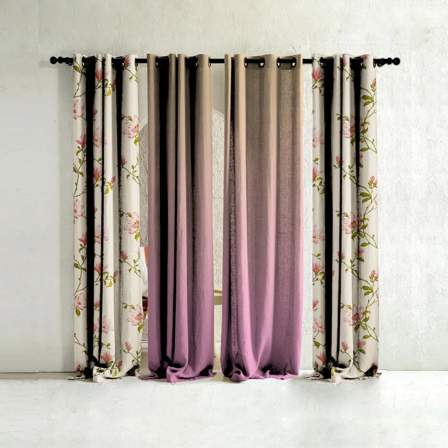 Elegant Floral Print Room Darkning, Light Filtering Curtain Set Of 4