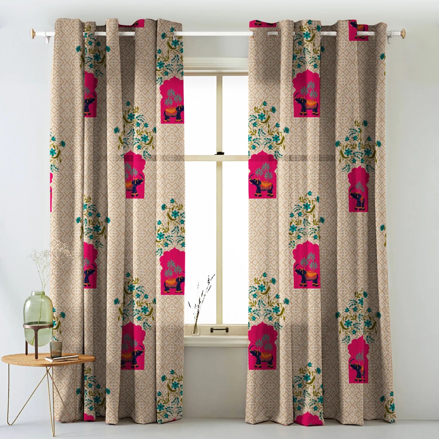 Elegant Floral Print Room Darkning, Light Filtering Curtain Set Of 2