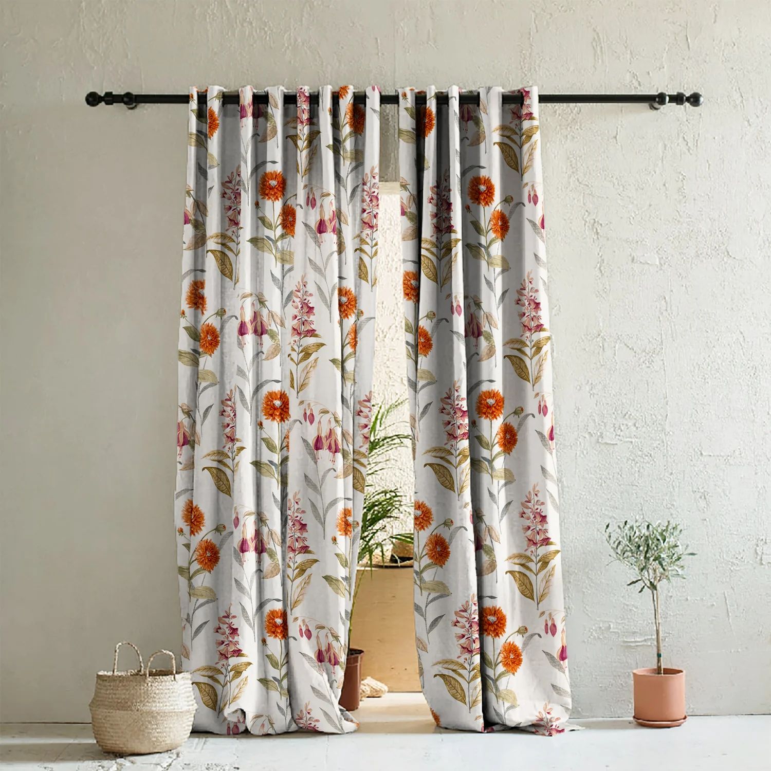 Elegant Floral Print Room Darkning, Light Filtering Curtain Set Of 2