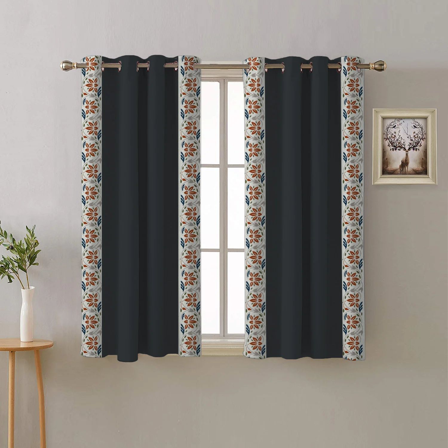 Elegant Floral Print Room Darkning, Light Filtering Curtain Set Of 2