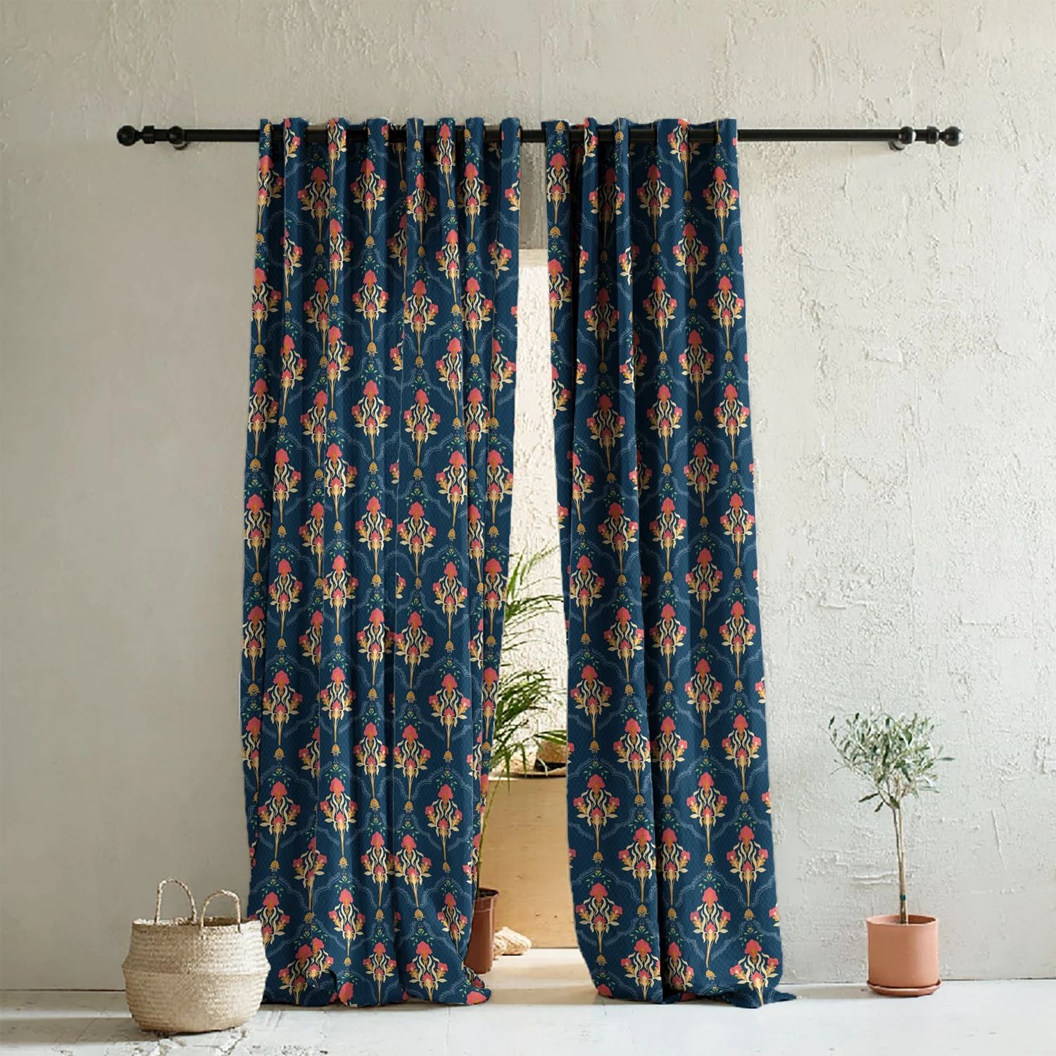 Elegant Floral Print Room Darkning, Light Filtering Curtain Set Of 2