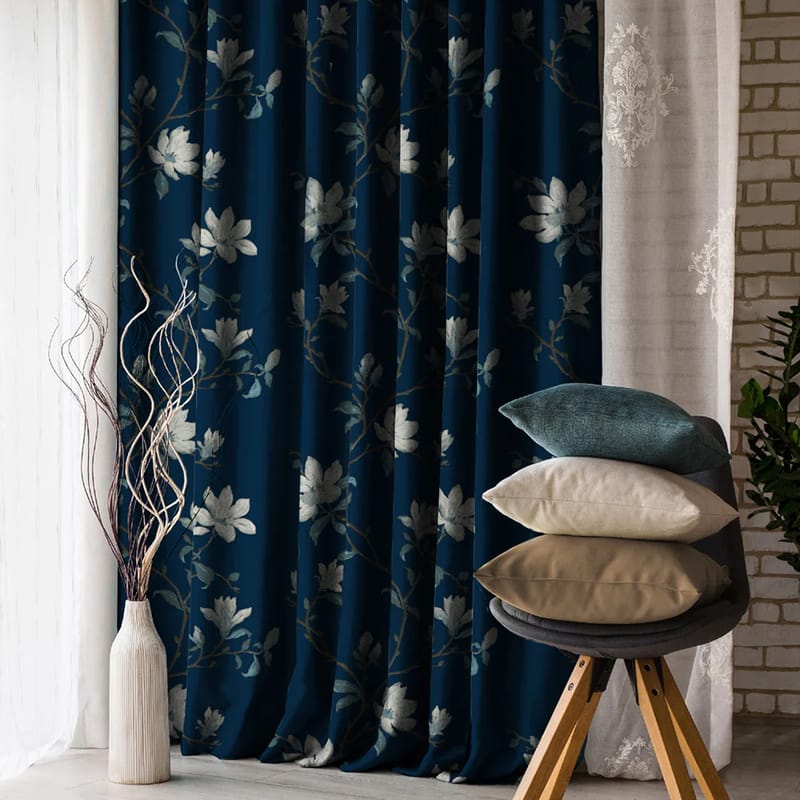 Elegant Floral Print Room Darkning, Light Filtering Curtain Set Of 2