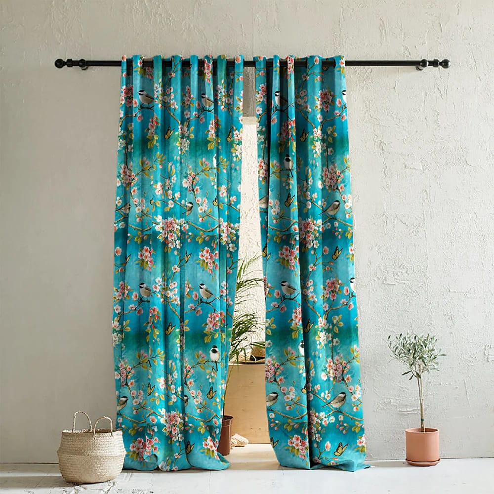 Elegant Floral Print Room Darkning, Light Filtering Curtain Set Of 2