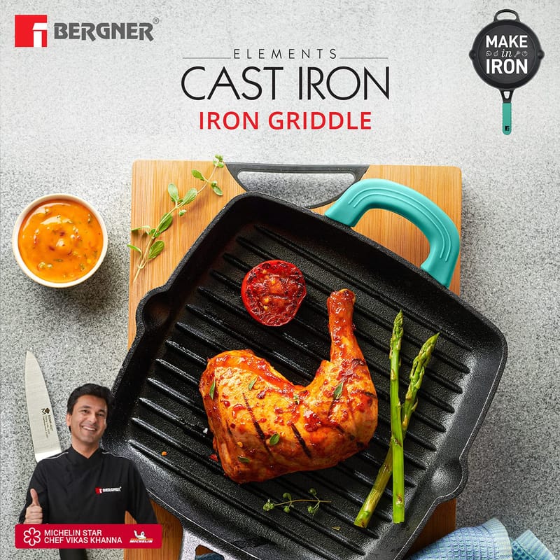 Bergner Elements Pre-Seasoned Cast Iron Grill Pan, 27 cm, Induction Friendly, Black