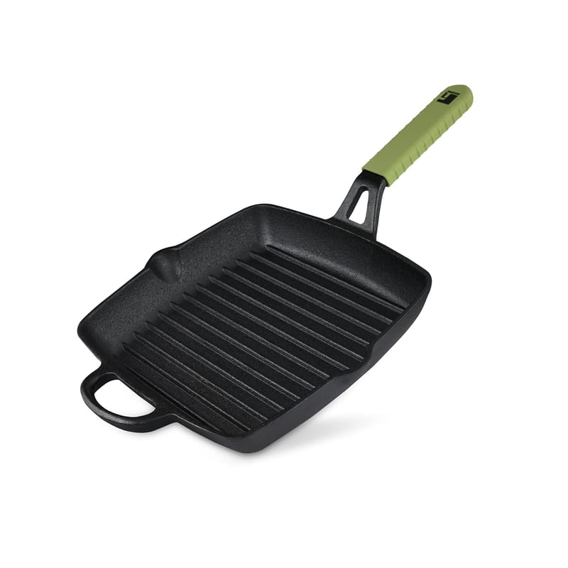 Bergner Elements Pre-Seasoned Cast Iron Grill Pan, 27cm, Induction Friendly (Olive Green)