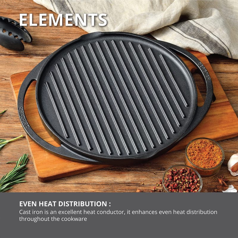 Bergner Elements Pre-Seasoned Cast Iron Grill Pan, 30cm, Induction Friendly (Olive Green)