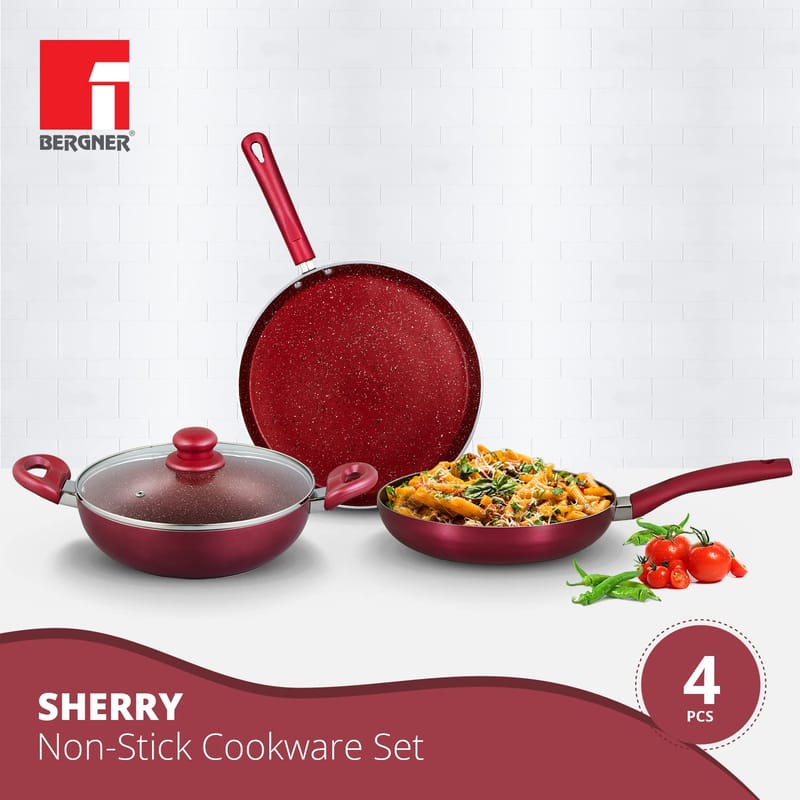 Bergner Sherry Non-Stick Cookware Set, 4Pc (Kadhai with Glass Lid 2.6 Liter, Dosa Tawa 28cm, Frypan 24cm 1.8 Liter), Induction Compatible, Soft Touch Bakelite Handles, PFOA Free, Red