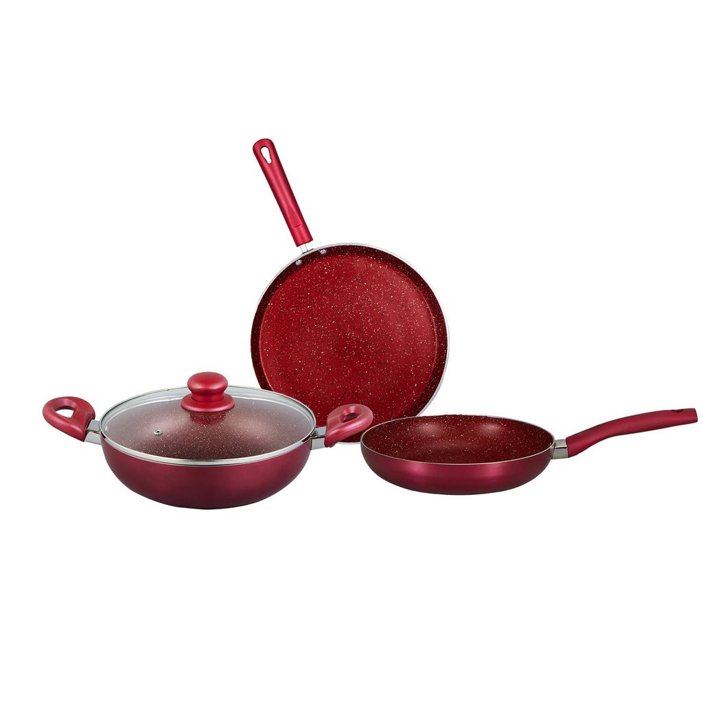 Bergner Sherry Non-Stick Cookware Set, 4Pc (Kadhai with Glass Lid 2.6 Liter, Dosa Tawa 28cm, Frypan 24cm 1.8 Liter), Induction Compatible, Soft Touch Bakelite Handles, PFOA Free, Red