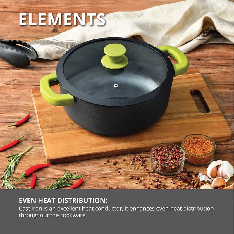 Bergner Elements Pre-Seasoned Cast Iron Casserole with Glass Lid, 24cm, Induction Friendly (Olive Green)