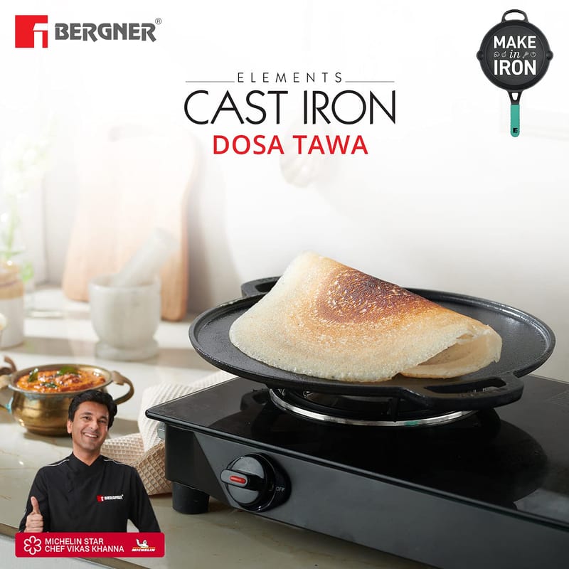 Bergner Elements Pre-Seasoned Cast Iron Flat Dosa Tawa, 30 cm, Induction Friendly, Black