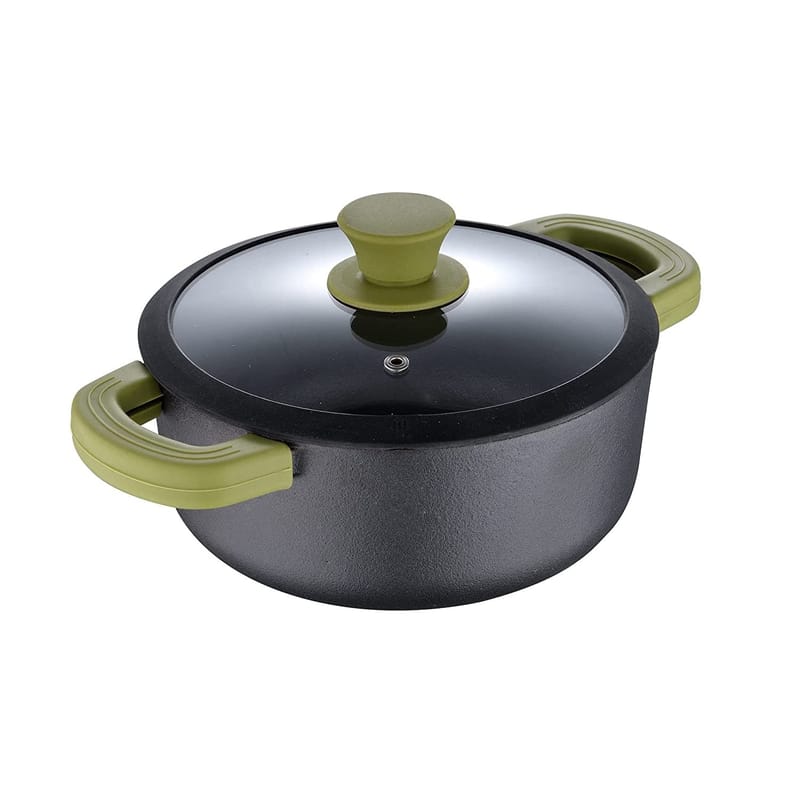 Bergner Elements Pre-Seasoned Cast Iron Casserole with Glass Lid, 24cm, Induction Friendly (Olive Green)