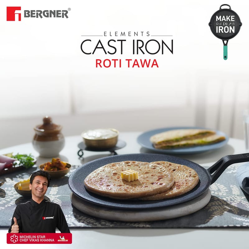 Bergner Elements Pre-Seasoned Cast Iron Concave/Roti Tawa, 26 cm, Black