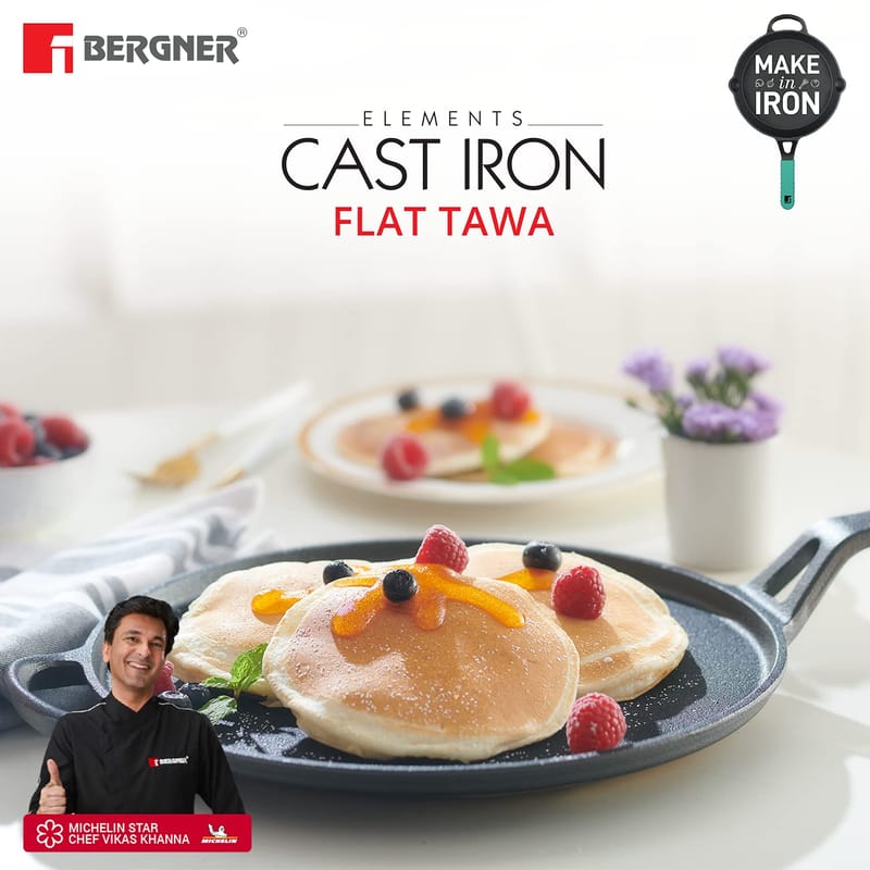 Bergner Elements Pre-Seasoned Cast Iron Tawa, 30 cm, Induction Friendly, Black