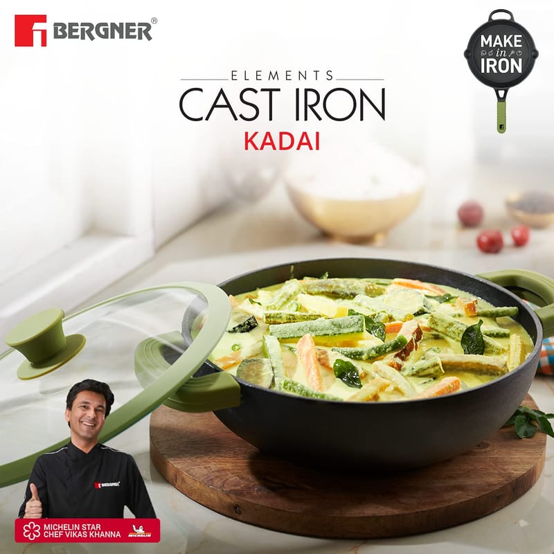 Bergner Elements Pre-Seasoned Cast Iron Kadhai with Glass Lid, 23 cm, 2.8 Litres, Induction Friendly (Olive Green)