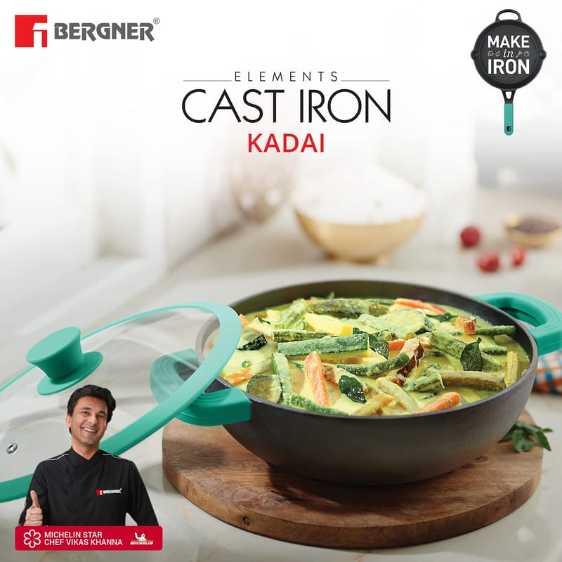 Bergner Elements Pre-Seasoned Cast Iron Kadhai with Glass Lid, 23 cm, 2.8 litres, Induction Friendly, Black