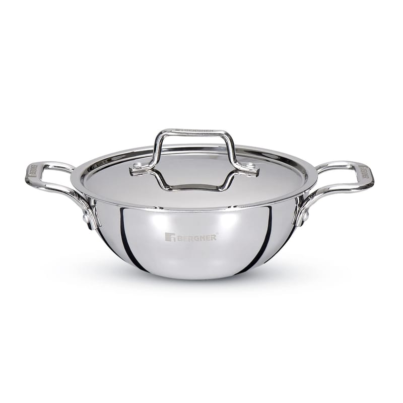 Bergner Tripro Triply Stainless Steel Kadhai with Stainless Steel Lid, 24 cm, 3.1 Liter, Induction Base, Silver