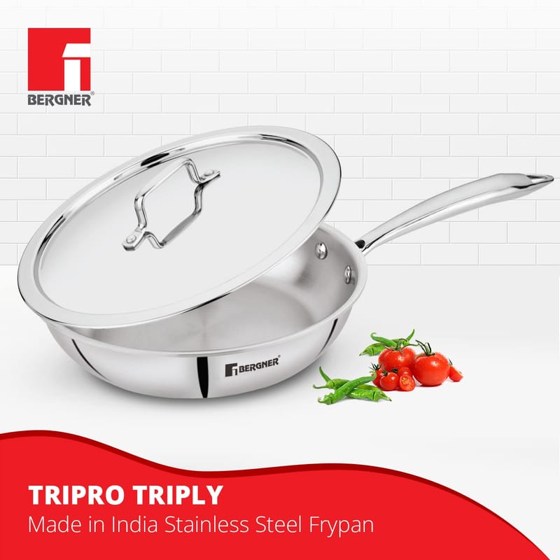 Bergner Tripro Triply Stainless Steel Frypan with Stainless Steel Lid, 24 cm, 1.95 Liter, Induction Base, Silver