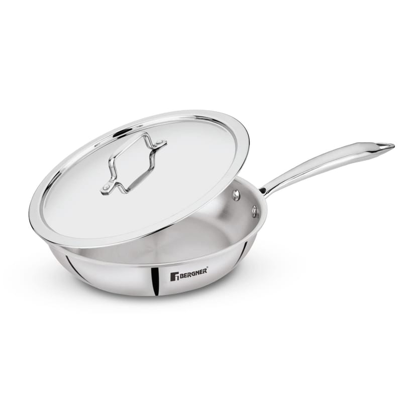 Bergner Tripro Triply Stainless Steel Frypan with Stainless Steel Lid, 24 cm, 1.95 Liter, Induction Base, Silver