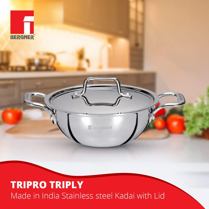 Bergner Tripro Triply Stainless Steel Kadhai with Stainless Steel Lid, 20 cm, 1.9 Liter, Induction Base, Silver