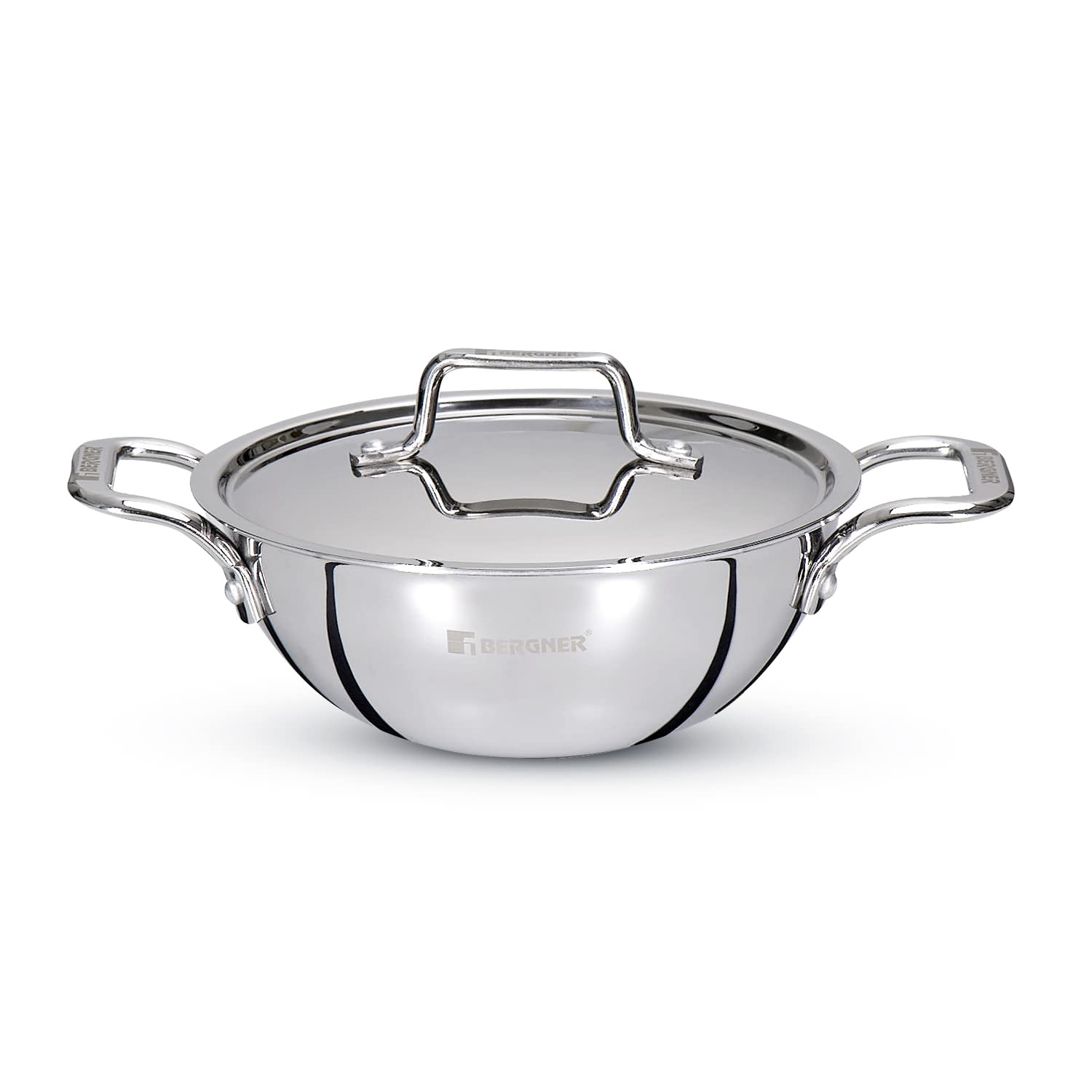 Bergner Tripro Triply Stainless Steel Kadhai with Stainless Steel Lid, 20 cm, 1.9 Liter, Induction Base, Silver